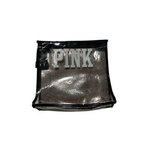 Victorias Secret PINK Clear Glitter Makeup Bag Travel Toiletry Pouch Black Trim
